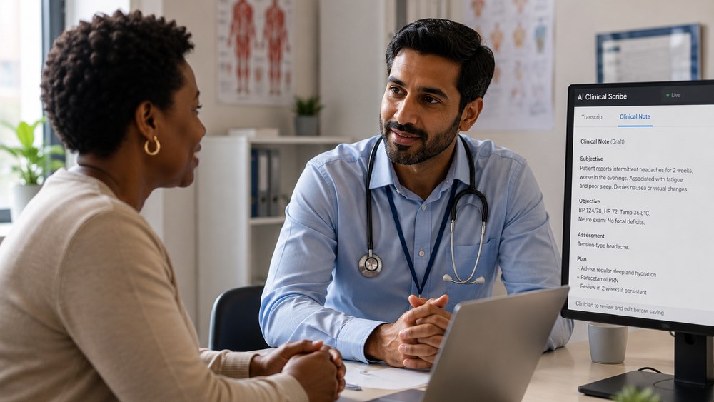 A clinician consults with a patient while an ambient AI scribe drafts a clinical note on screen beside them