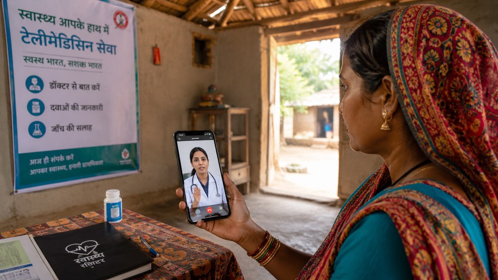 A woman in rural India uses a telemedicine app on her phone to consult a doctor