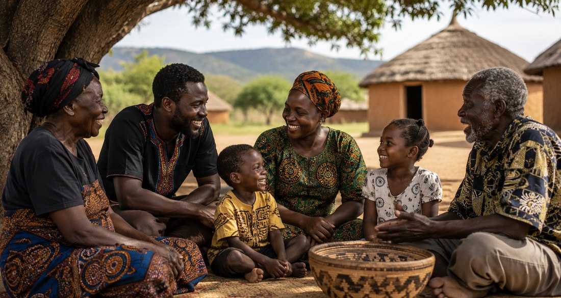 A multi-generational family gathers under a tree outside a thatched-roof home in Southern Africa