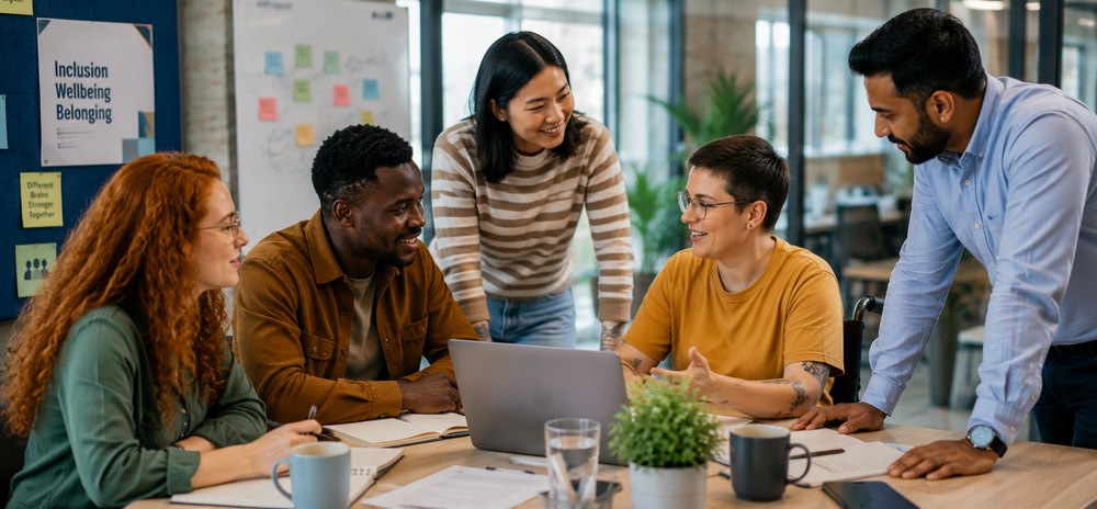 A diverse team collaborates around a laptop in an office with an 'Inclusion, Wellbeing, Belonging' poster on the wall